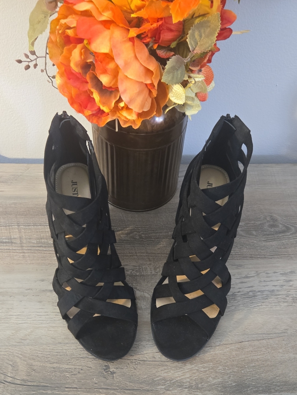 JustFab Black Strappy Cage Peep-Toe Heels
